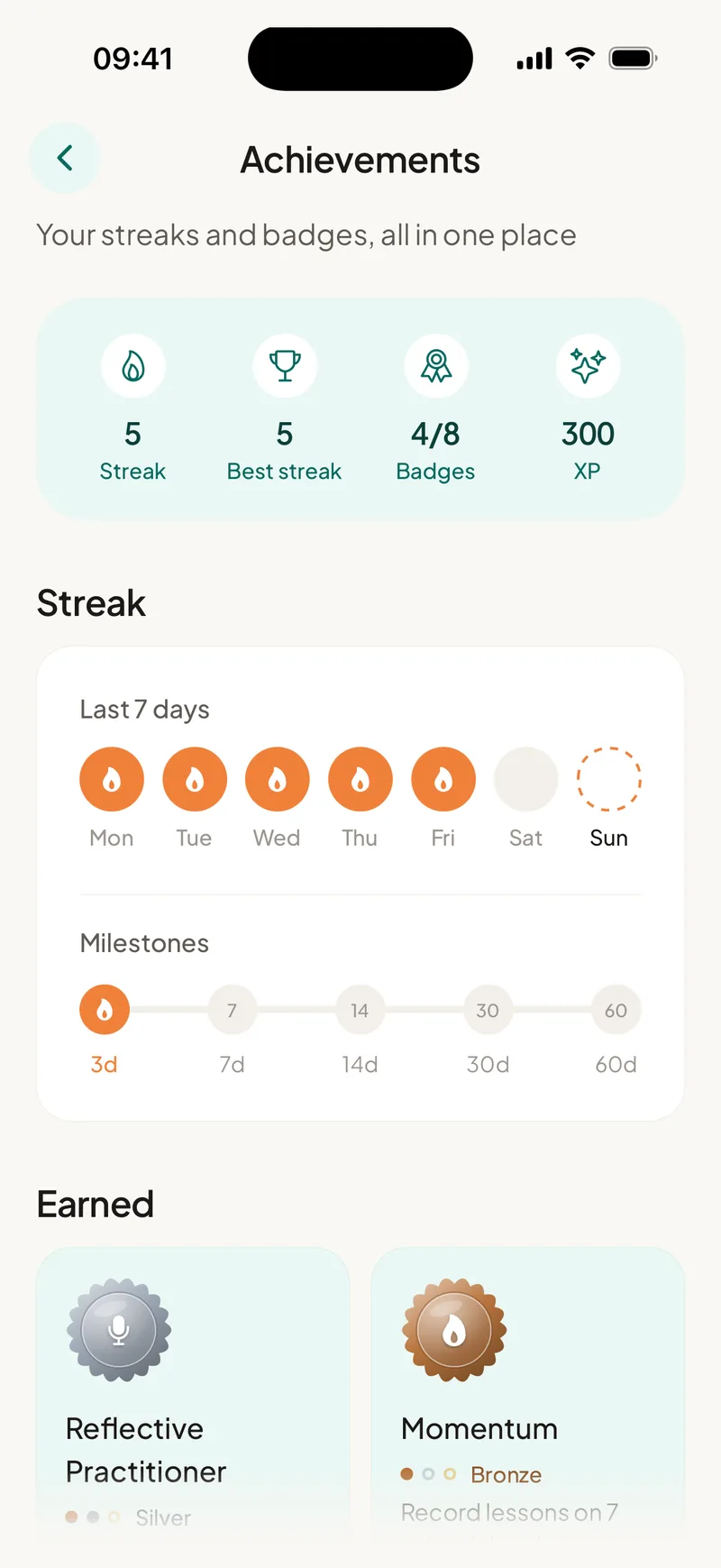 EducAitor app showing a teacher's streak, milestones and badges
