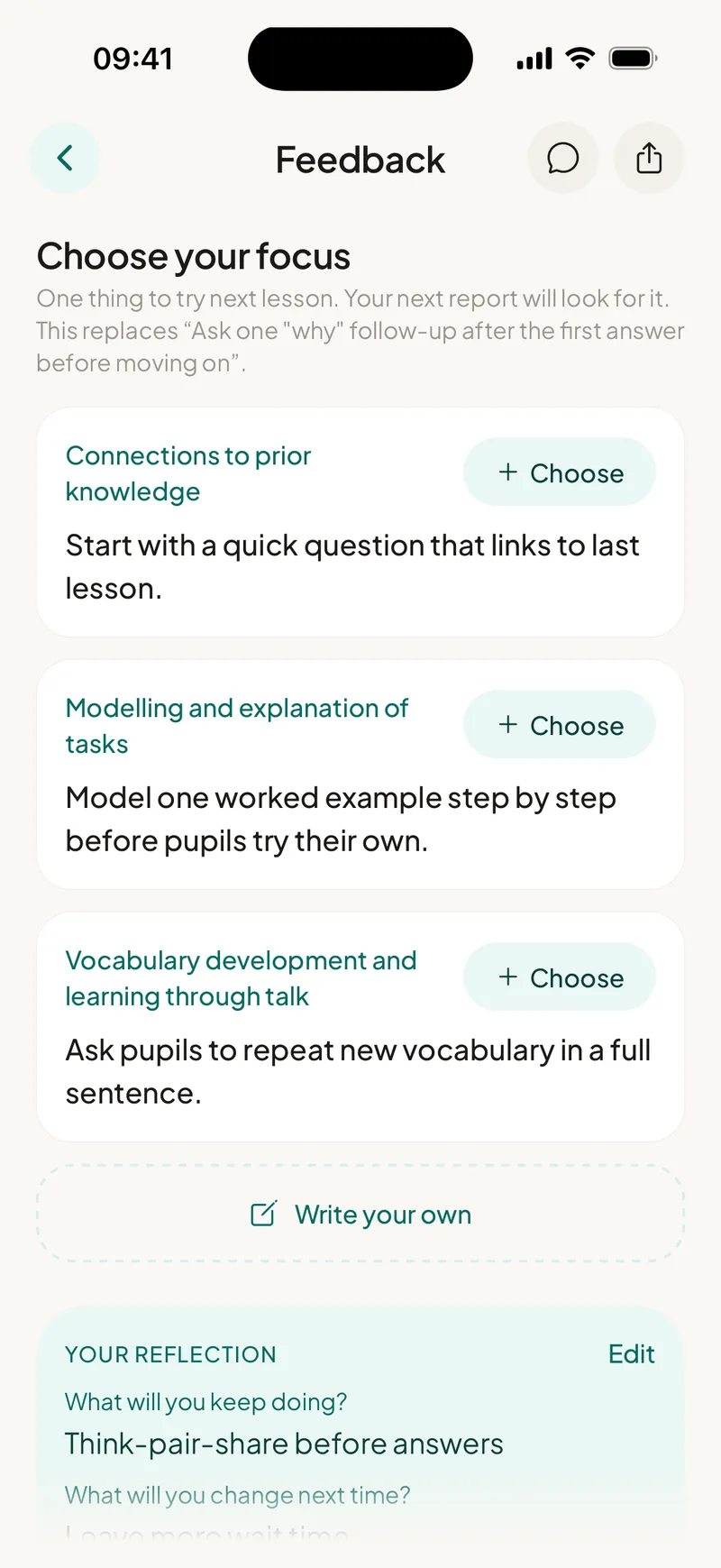 EducAitor app showing a teacher choosing one thing to try next lesson