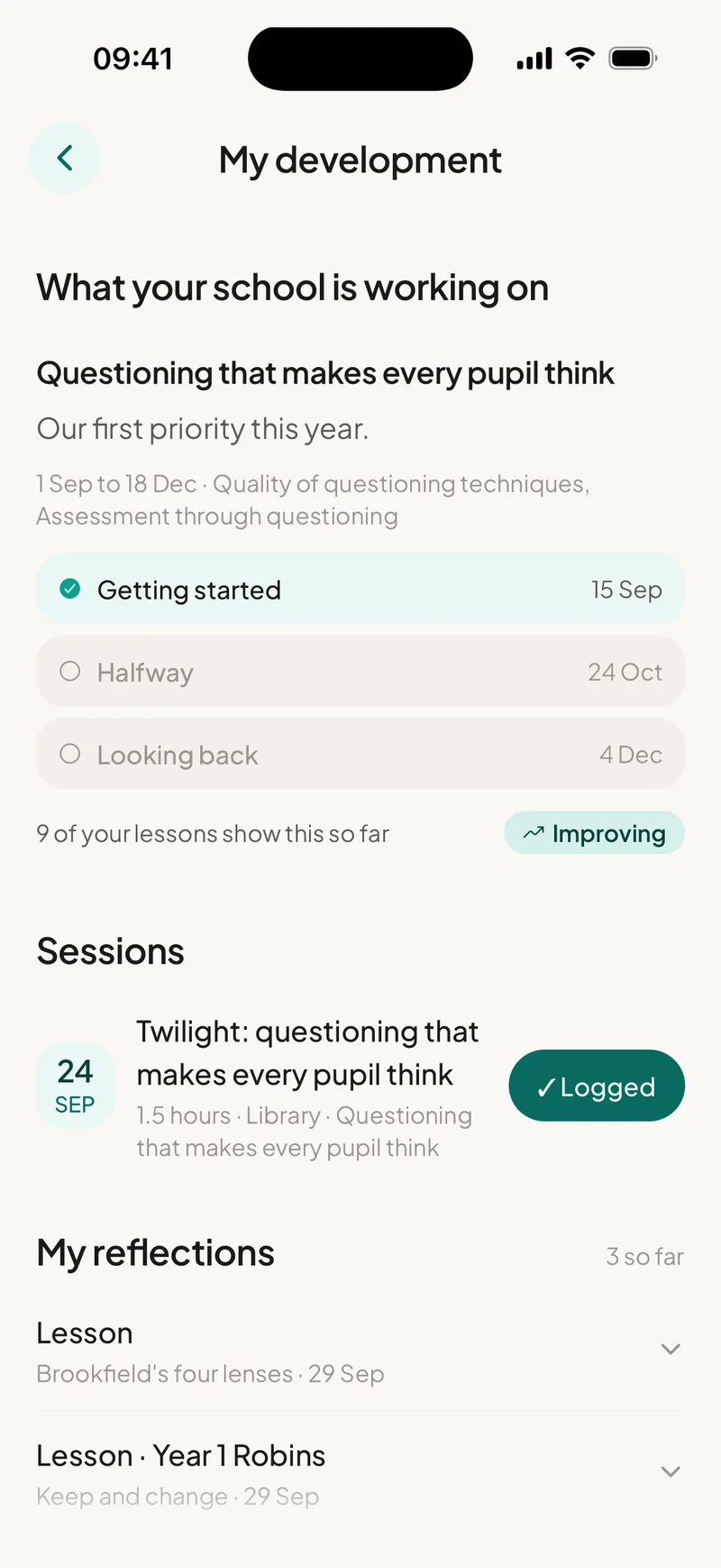 EducAitor app showing My development: school priority, PD sessions and reflections