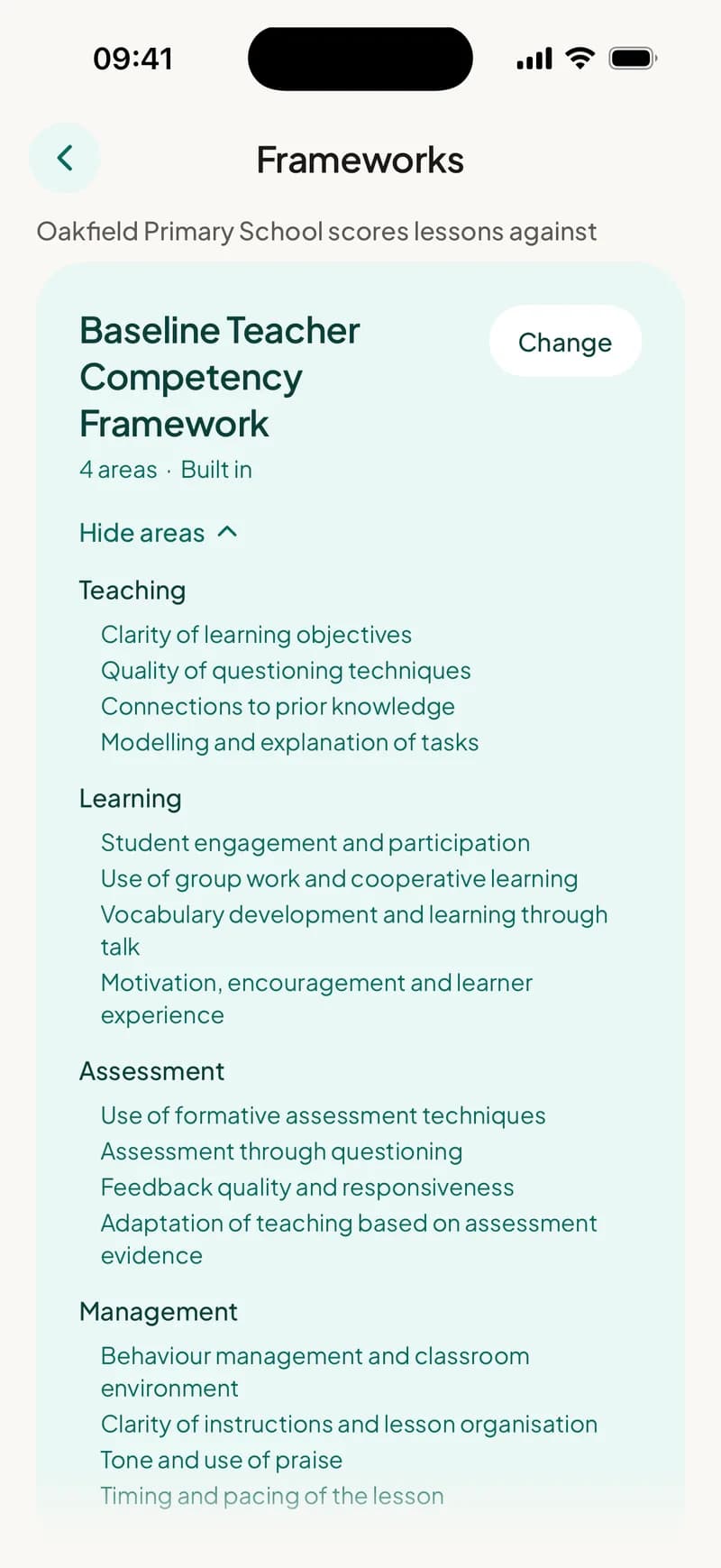EducAitor app showing the school's framework and every area and indicator it looks for