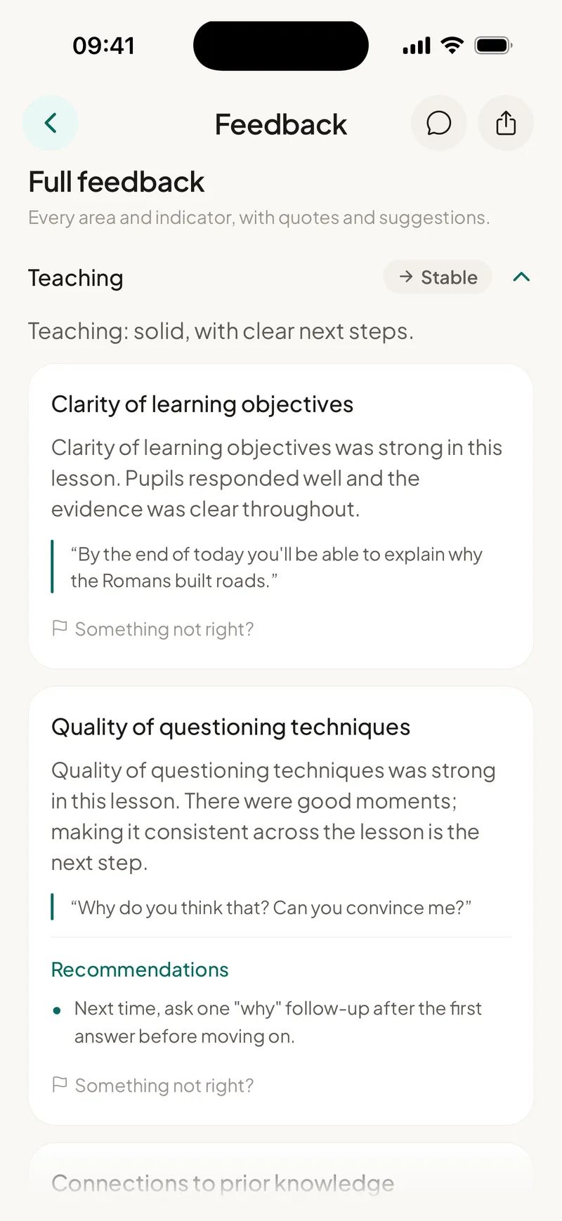 EducAitor app showing the areas overview, Ask the AI coach and Share with a leader