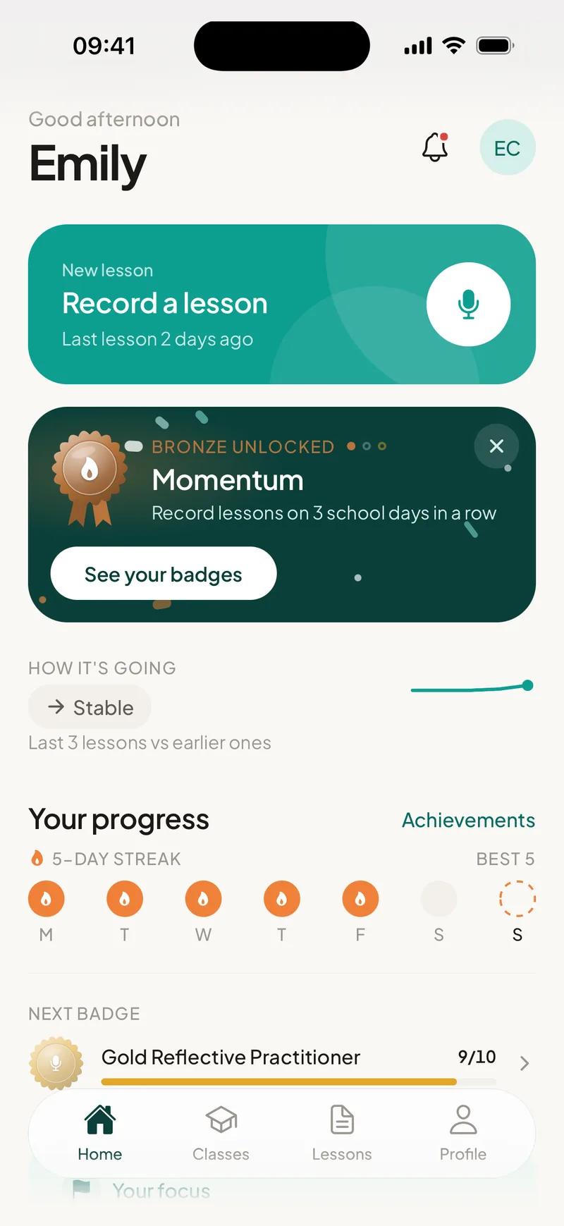 EducAitor app home screen with the record button and progress
