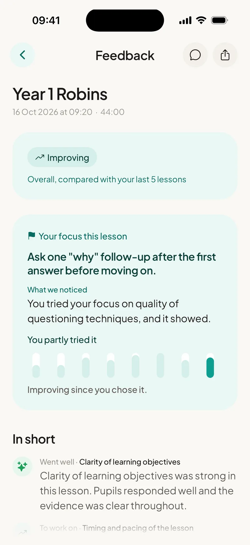 EducAitor app showing the top of a lesson report and the focus check