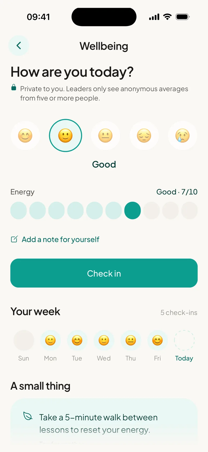 EducAitor wellbeing check-in: mood, energy and your week, private to you