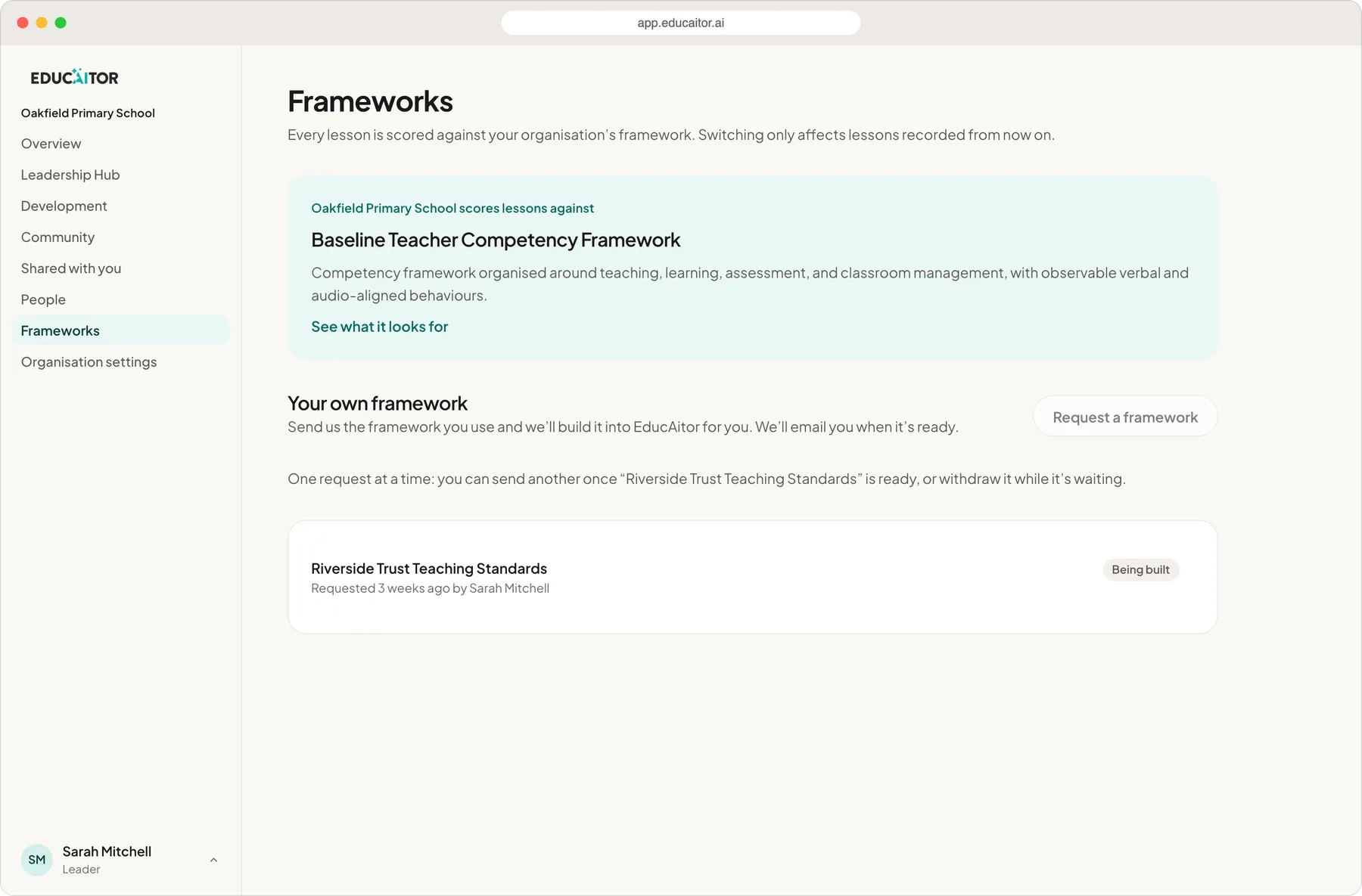 EducAitor's Frameworks page in a web browser: the organisation's framework and a bespoke framework being built