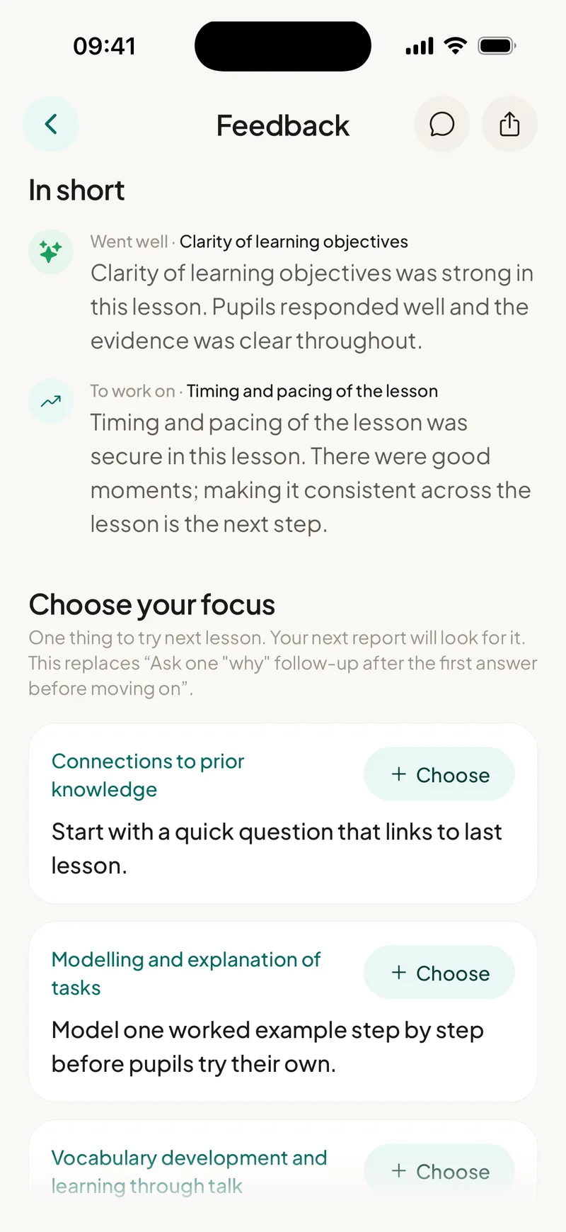 EducAitor app showing a session report: what went well, what to work on, and choosing a focus for next lesson