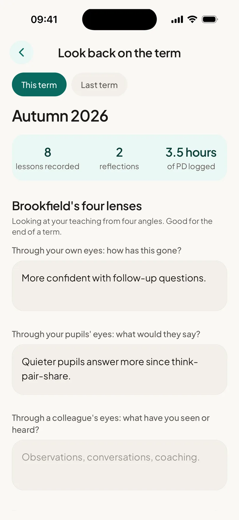 EducAitor app showing a term look-back with lessons, reflections and PD hours
