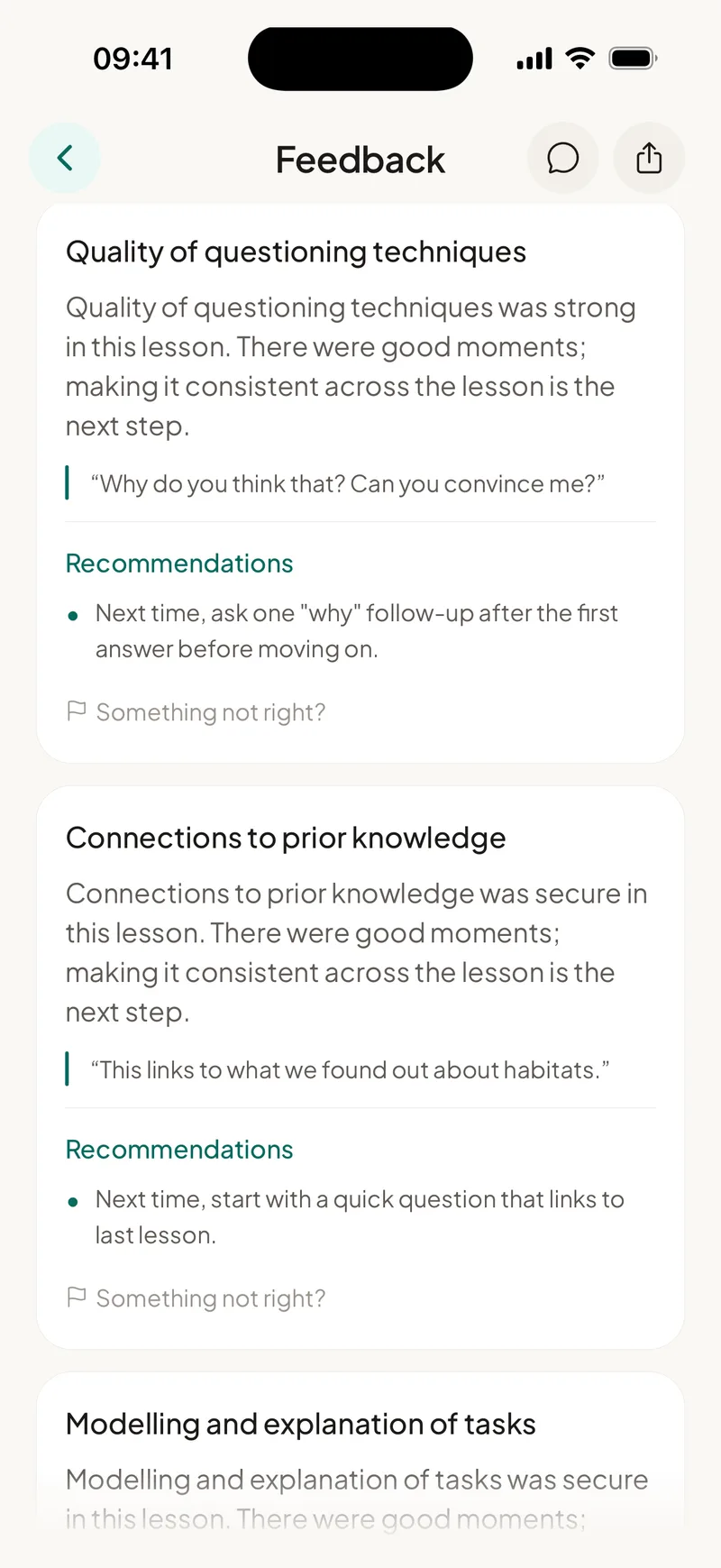 EducAitor app showing feedback with quotes from the lesson and recommendations
